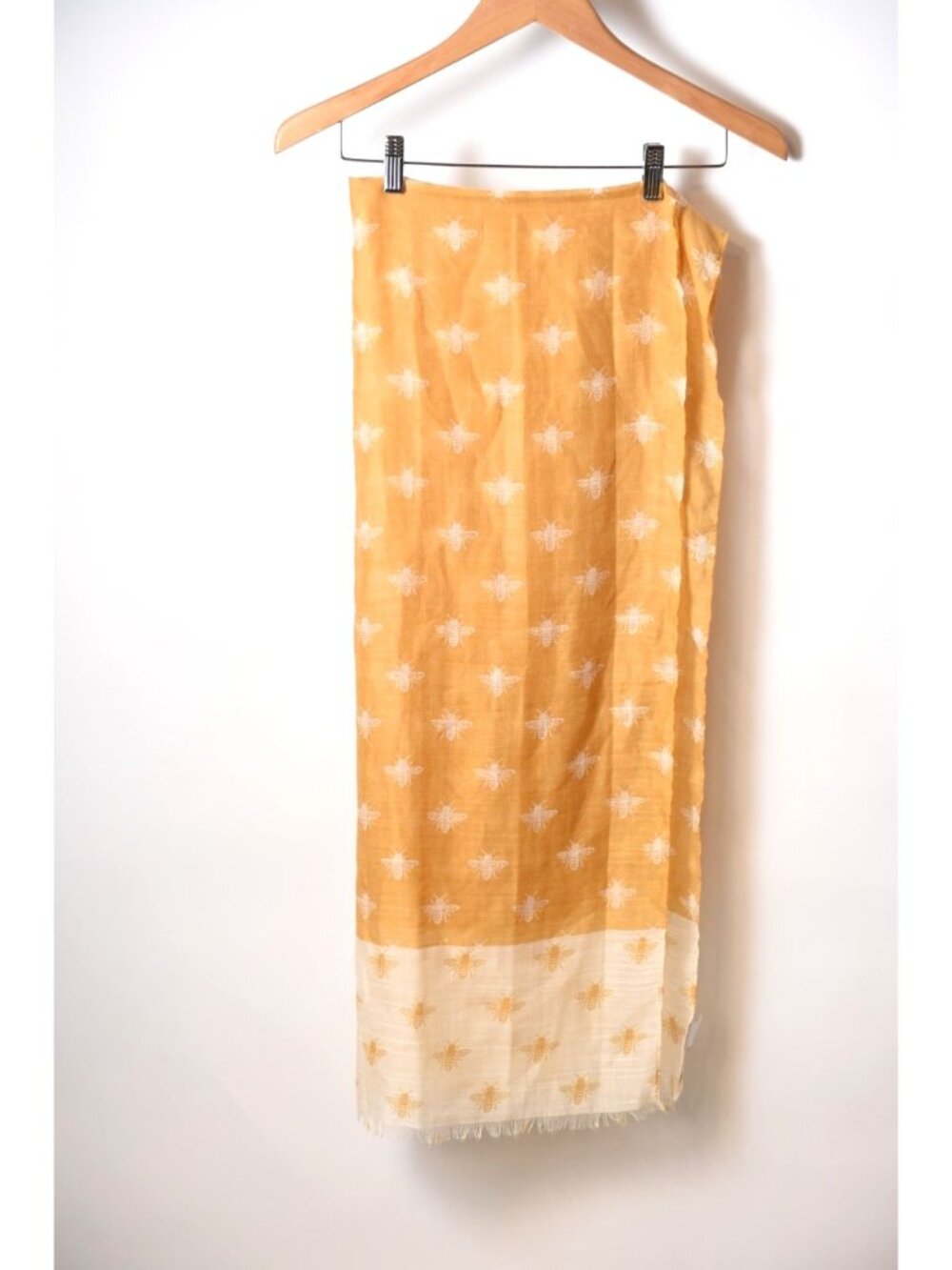 Women's Bee Print Fashion Scarf 66" Long 26" Wide Gold and Beige